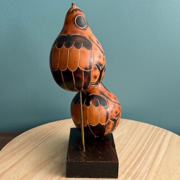 Vintage 70's Peruvian Hand-Carved Gourd Birds Sculpture Set On Wooden Base - Picture 5 of 10